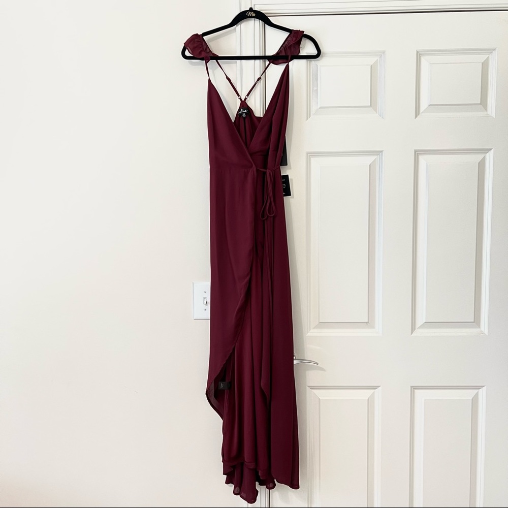 Lulu's Burgundy High-Low Ruffle Strap Maxi Dress - Picture 4 of 11